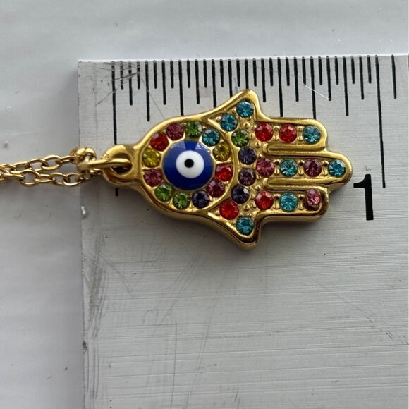 Hamsa Hand Pendant Necklace With Evil Eye Charm & Colorful Rhinestones On Gold-P - Picture 5 of 5